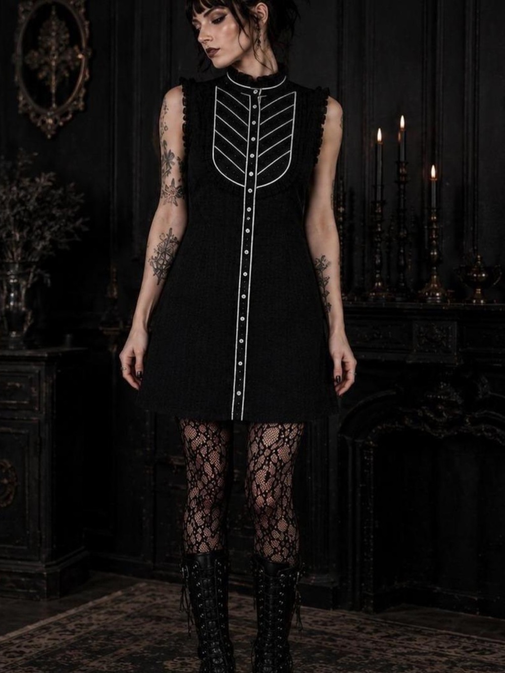 HALE BOB Paris Black High Neck Tuxedo Trim Button Down Belted Dress Whimsigoth
